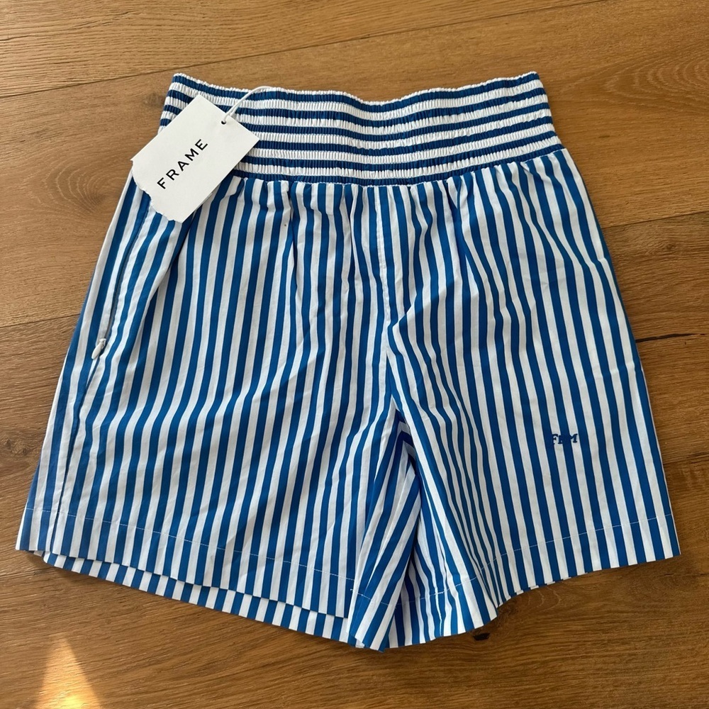 FRAME Organic Cotton Striped Boxer Shorts NWT | Blue | Size XS Smocked Waistband - Picture 8 of 8
